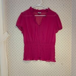 🩷 Worthington L Blouse hot pink Ruffles Large smocked waist puff sleeves